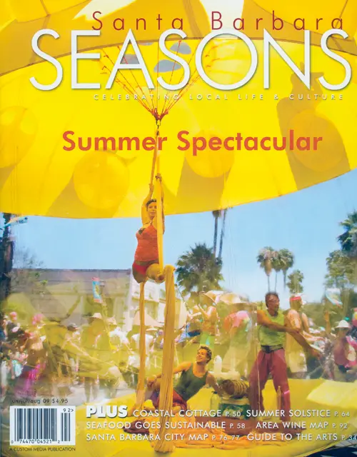 Santa Barbara Seasons Magazine Cover. Image of dancers in a balloon at the Summer Solstice Parade