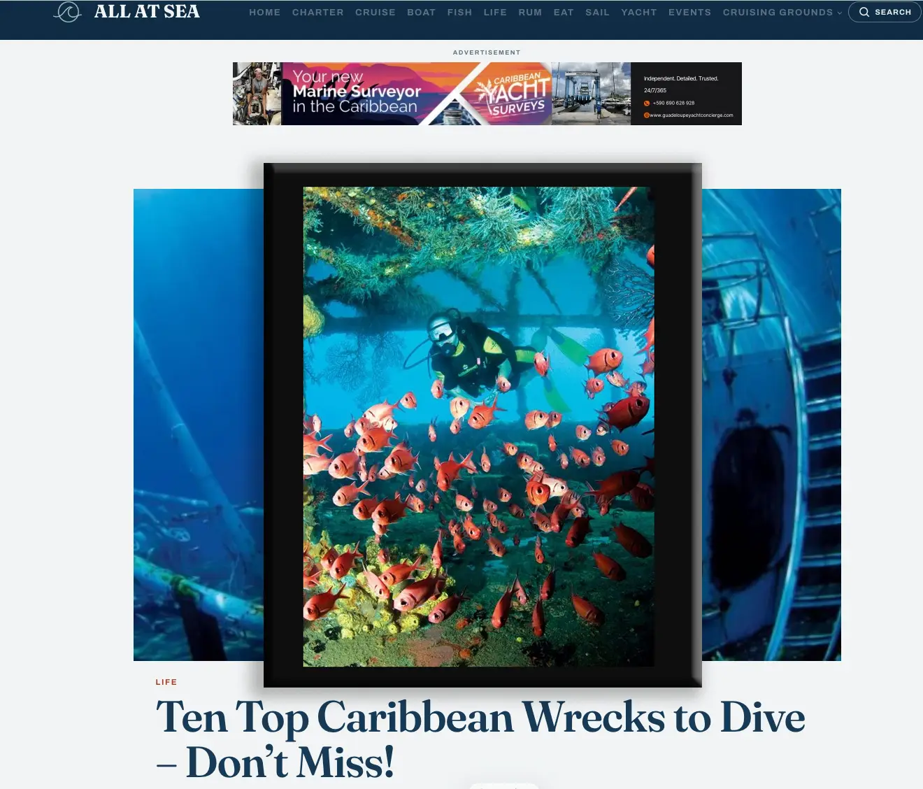 All At Sea website article on Top Ten Caribbean Wrecks to Dive. Photo of Diver in Wreck