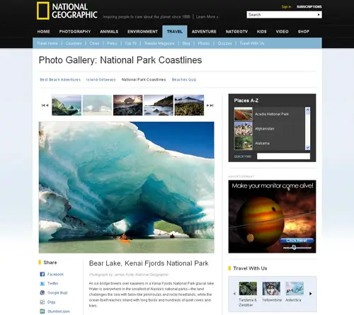 National Geographic Traveler, Story on Bear Lake Kenai Fjords National Park. Kayaking through glaciers