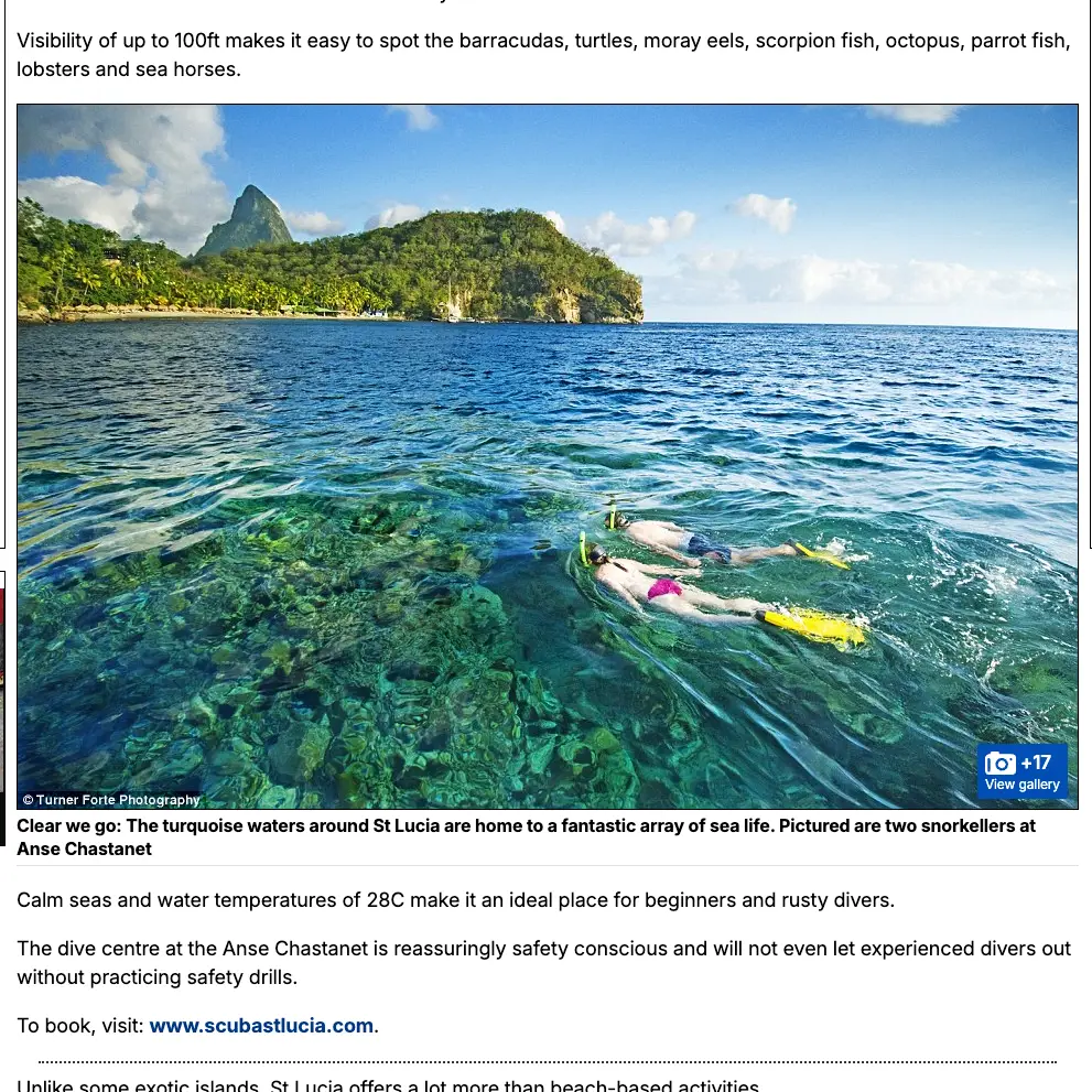 St. Lucia diving article on a website blog uses Snorkeling photo