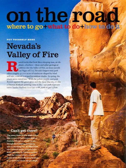 AAA via magazine on the road article. Photo of hiker’s in Valley of Fire
